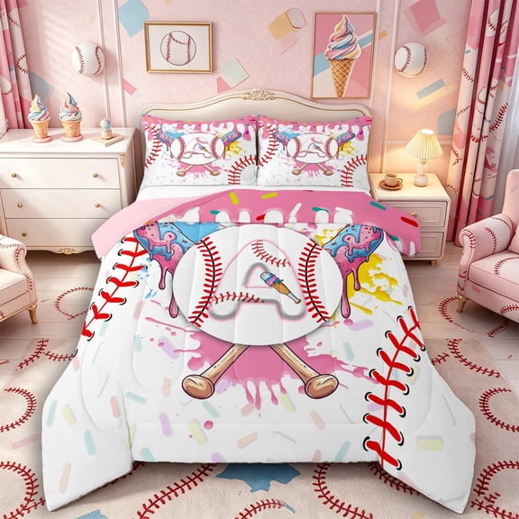Meiyoeat Ice Cream Baseball Letter A Full Size Comforter Sets 3 Pieces for Girls Kids, Sweet Dripping Bedding Sets, Pink White Red,Pink Reversible