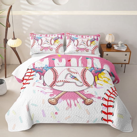 Meiyoeat Ice Cream Baseball Letter A Quilt Full for Girls,Sweet Dripping Full Bedspread Sets,Pink White Red