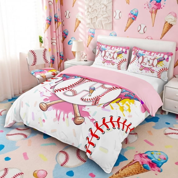 Meiyoeat Ice Cream Baseball Letter H Duvet Cover Set for Girls Adults, Lovely Print Bedding Full for Nursery, Pink White Red,Pink Reversible,3pcs,No Comforter