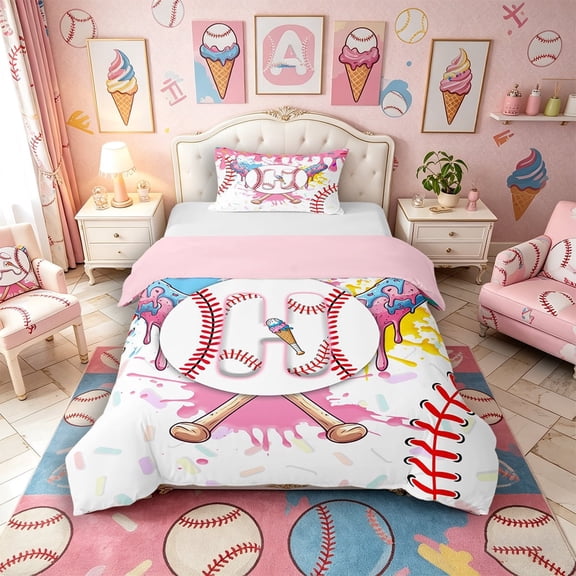 Meiyoeat Ice Cream Baseball Letter H Twin Bedding for Girls Adults, Lovely Print Duvet Cover Set for Nursery, Pink White Red,Pink Reversible,2pcs,No Comforter