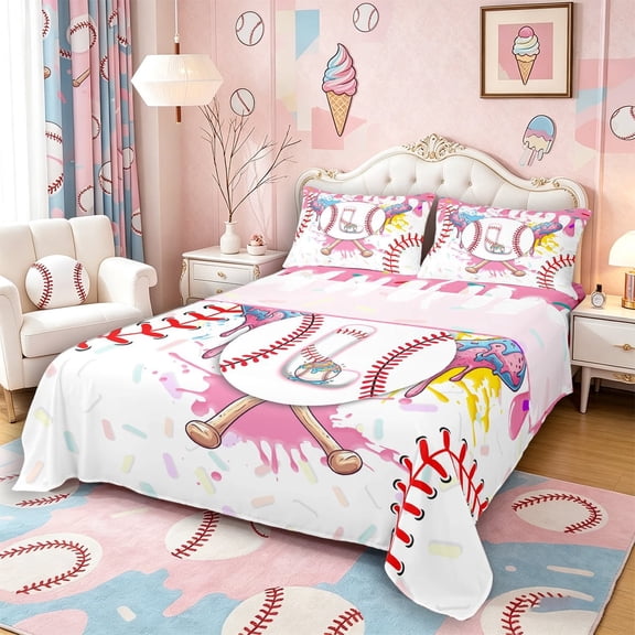 Meiyoeat Ice Cream Baseball Letter L Full Size Sheets 4-Piece for Girls Kids, Dripping Sprinkles Bed Sheets, Pink White Red