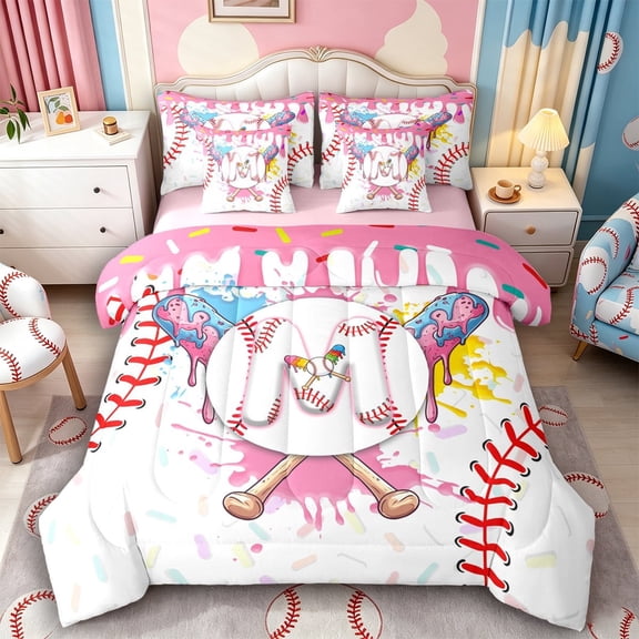Meiyoeat Ice Cream Baseball Letter M Twin Bedding Sets 7-Piece for Girls Teens, Cute Monogram Bedding Comforter Set, Pink White Red,Pink Reversible