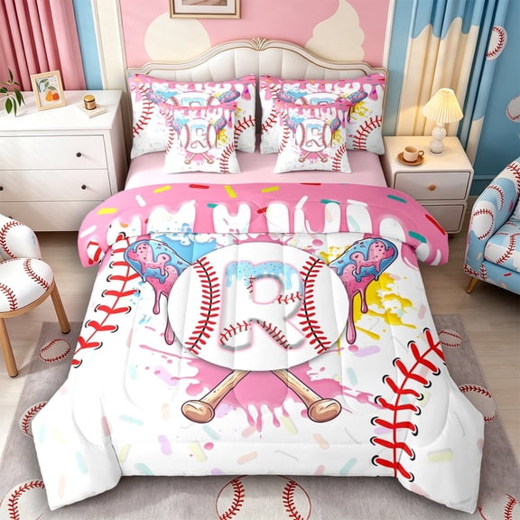 Meiyoeat Ice Cream Baseball Letter R Bedding Comforter Set 7 Pieces for Girls Juniors, Fun Initial Full Bedding Set, Pink White Red,Pink Reversible
