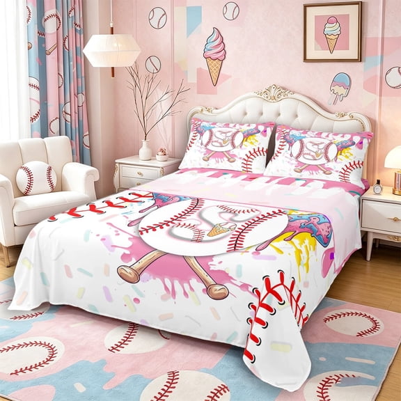 Meiyoeat Ice Cream Baseball Letter S Full Size Sheets 4-Piece for Girls Children, Sweet Art Bed Sheets for Bedroom, Pink White Red