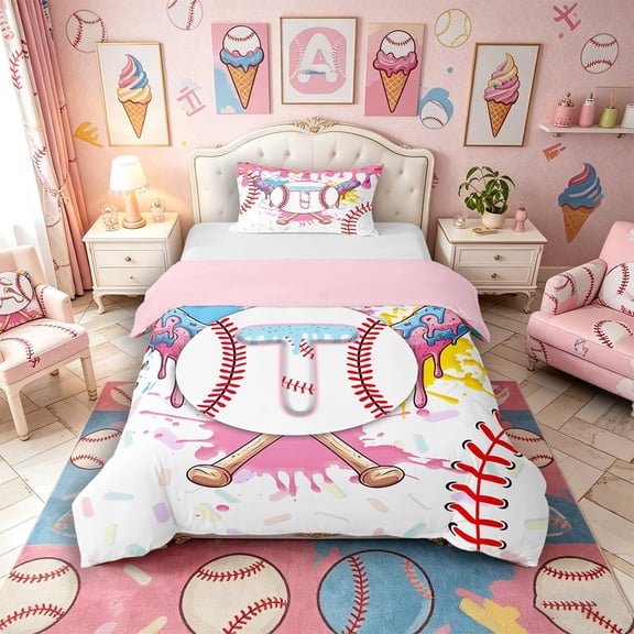 Meiyoeat Ice Cream Baseball Letter T Twin Bedding for Girls Youth, Playful Print Duvet Cover Set for Nursery, Pink White Red,Pink Reversible,2pcs,No Comforter