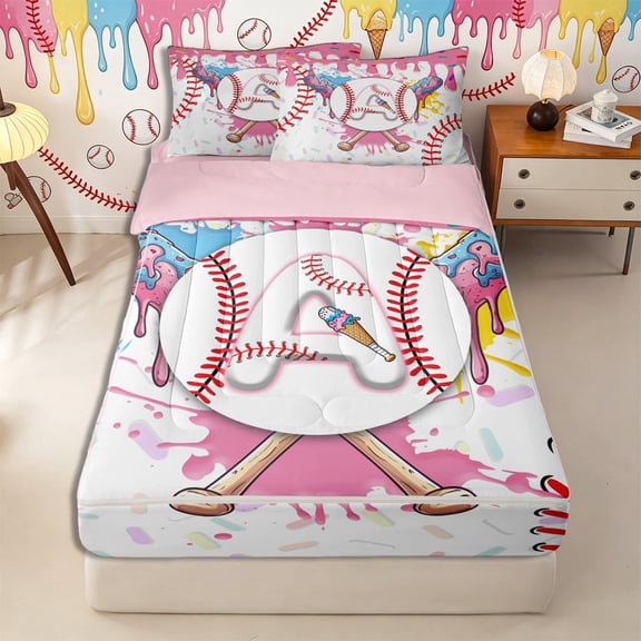 Meiyoeat Ice Cream Baseball Letter A Zipper Twin Comforter Sets with Fitted Sheet and 2 Pillowcases for Girls Kids, Sweet Dripping Zipper Bedding Set, Pink White Red,4-Piece,Pink Reversible