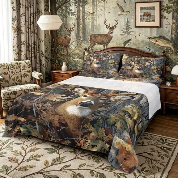 Meiyoeat Jungle Animal Deer Print Queen Sheets 4 Pieces, Autumn Oak Leaves Pattern Queen Sheet Sets, Brown Green