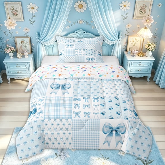 Meiyoeat Kawaii Bow Cherry Plaid Twin Comforter Sets for Boys Girls, Blue Kawaii Ribbon Bedding Set, Colorful Star Reversible, 2-Piece