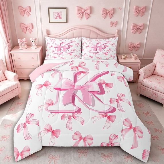 Meiyoeat Kawaii Bow Initial K Full Size Comforter Sets 3 Pieces for Kids, Cartoon Girly Bow Bedding Sets for Bedroom, Pink White,Pink Reversible