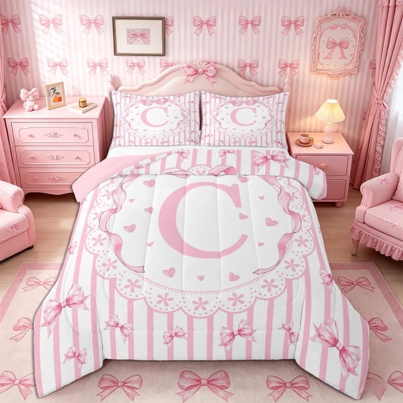 Meiyoeat Kawaii Bow Letter C Print Full Size Comforter Sets 3-Piece, Floral Stripes Love Heart Bedding Comforter Set, Pink White,Pink Reversible