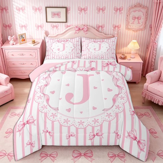 Meiyoeat Kawaii Bow Letter J Print Full Size Comforter Sets 3-Piece, Floral Stripes Love Heart Bedding Comforter Set, Pink White,Pink Reversible