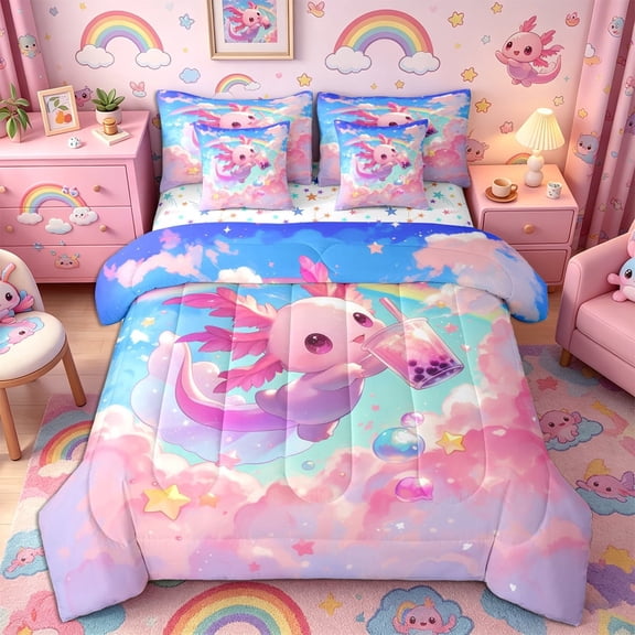 Meiyoeat Kawaii Dreamy Axolotl Twin Bedding 7-Piece, Cartoon Whimsical Rainbow Cloud Pattern Bedding Comforter Set, Pink Blue