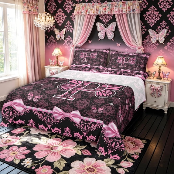 Meiyoeat Kawaii Glitter Butterfly Letter P Queen Sheet Sets for Women Girls, Pink Black Aesthetic Bedding, 4 Pieces