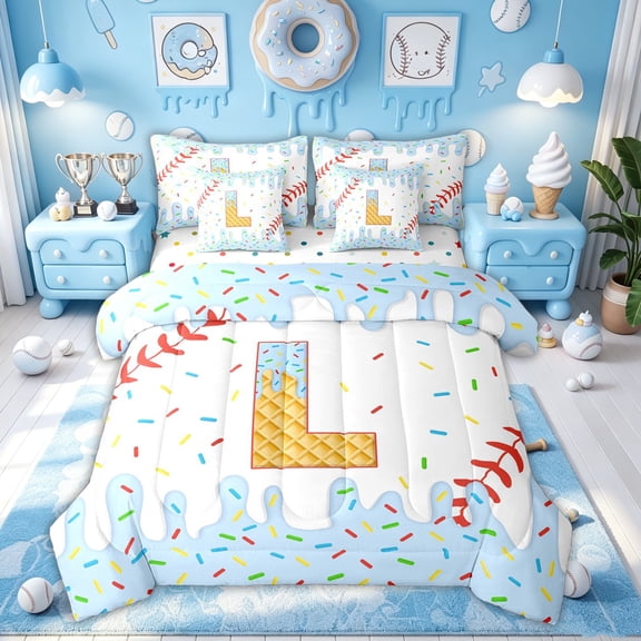 Meiyoeat Kawaii Ice Cream Baseball Twin Bedding Sets for Kids Girls Boys, Cute Blue Donut L Letter Bedding Comforter Set, Polkadot Reversible, 7 Pieces