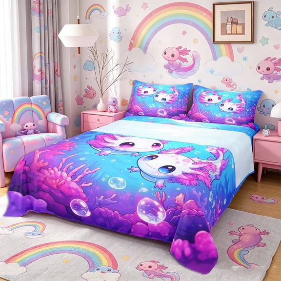 Meiyoeat Kawaii Pink Axolotl Bed Sheets 4-Piece, Cartoon Sea Salamander Full Size Sheets, Blue Purple