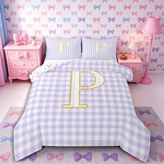 Meiyoeat Lattice Gold Letter P Full Size Comforter Sets 3-Piece for Girls,Chic Pattern Bedding Comforter Set,Reversible,1 Comforter and 2 Pillowcases,1 Comforter and 2 Pillowcases