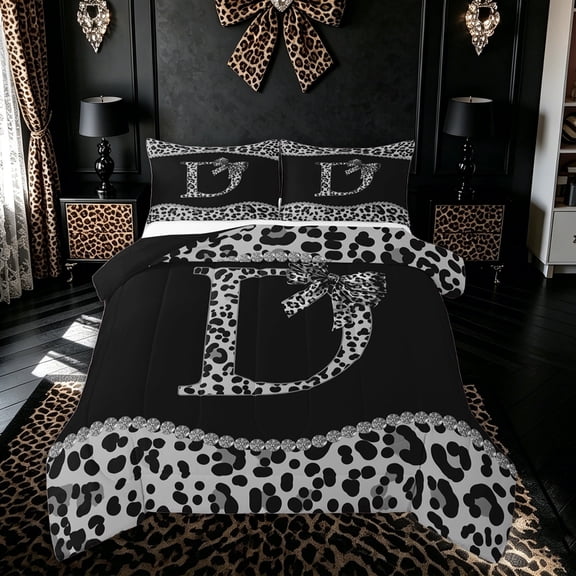 Meiyoeat Leopard Print Bow D Letter Queen Comforter Set for Girls Women, Fashion Boho Gemstones Bedding Comforter Set, Black Grey, Black Reversible, 3pcs