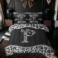 thumbnail image 1 of Meiyoeat Leopard Print Bow Diamond Bedding Comforter Set for Women Girls, Fashion Black White P Letter Queen Bedding Sets, Black Reversible, 7-Piece, 1 of 6