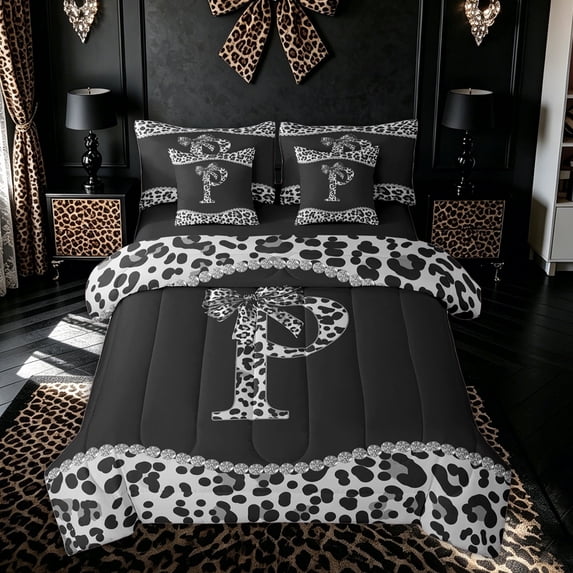 Meiyoeat Leopard Print Bow Diamond Bedding Comforter Set for Women Girls, Fashion Black White P Letter Queen Bedding Sets, Black Reversible, 7-Piece
