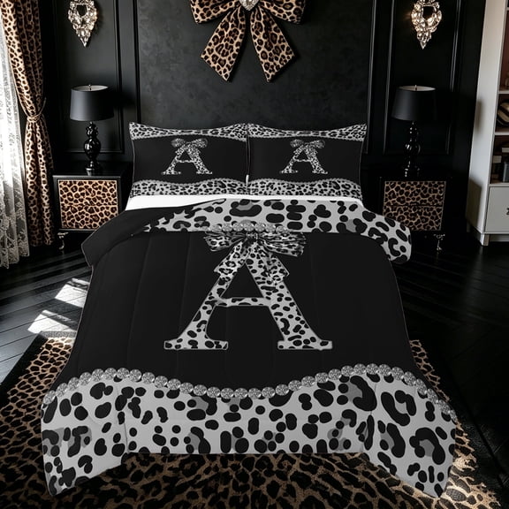 Meiyoeat Leopard Print Bow Diamond Queen Comforter Set for Women Kids, Fashion Ribbon A Letter Bedding Comforter Set, Black Reversible, 3pcs