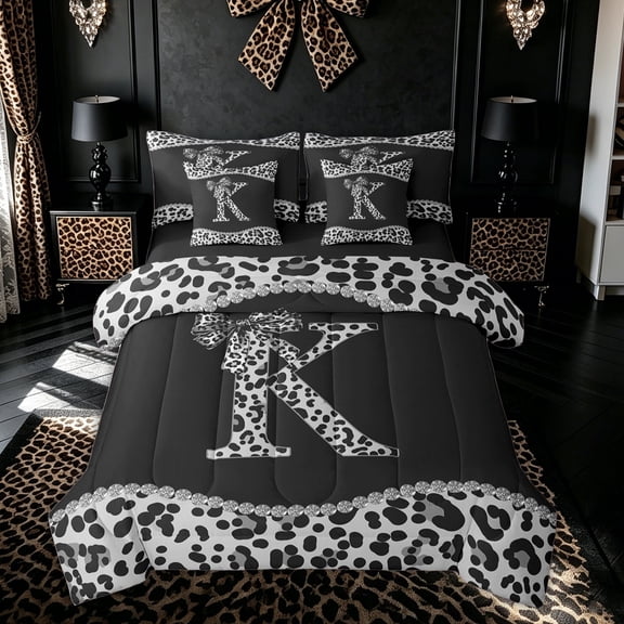 Meiyoeat Leopard Print Initial K Letter Bedding Comforter Set for Girls Females, Cheetah Bowknot Ribbon King Bedding Sets, White Black Reversible, 7-Piece