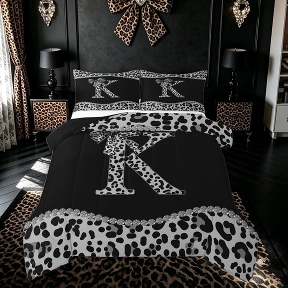 Meiyoeat Leopard Print Initial K Letter Queen Comforter Set for Girls Females, Cheetah Bowknot Ribbon Bedding Comforter Set, White Black Reversible, 3-Piece