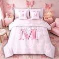 thumbnail image 1 of Meiyoeat Lovely Bow Letter M Twin Bedding Sets 7-Piece for Girls Teens, Gentle Stripe Bedding Comforter Set, Light Pink White,Pink Reversible, 1 of 5