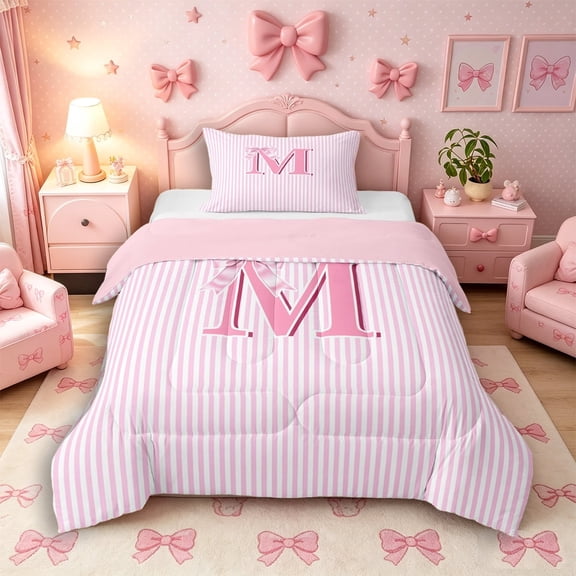 Meiyoeat Lovely Bow Letter M Twin Comforter Sets 3-Piece for Girls Teens, Gentle Stripe Bedding Set, Light Pink White,Pink Reversible