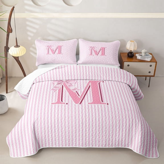 Meiyoeat Lovely Bow Letter M Twin Quilt Set for Girls Teens,Gentle Stripe Twin Coverlet Set,Light Pink White