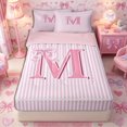 thumbnail image 1 of Meiyoeat Lovely Bow Letter M Zipper Twin Comforter Sets with Fitted Sheet and 2 Pillowcases for Girls Teens, Gentle Stripe Zipper Bedding Set, Light Pink White,4-Piece,Pink Reversible, 1 of 6