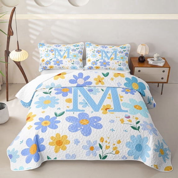 Meiyoeat Lovely Wildflower Letter M Twin Quilt Set for Girls Teens,Sweet Monogram Twin Coverlet Set,Light Blue Yellow White