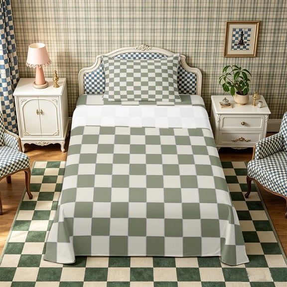 Meiyoeat Minimalist Checkered Print Twin Sheets 3pcs, Mid-Century Geometric Grid Bedding, Sage Green White