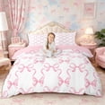 thumbnail image 1 of Meiyoeat Minimalist Ribbon Print Bedding, Delicate Bow Pattern Duvet Cover Full, Pink White,3pcs,No Comforter,Pink Reversible, 1 of 6