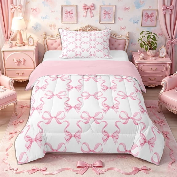 Meiyoeat Minimalist Ribbon Print Twin Comforter Sets 2pcs, Delicate Bow Pattern Bedding Set, Pink White,Pink Reversible