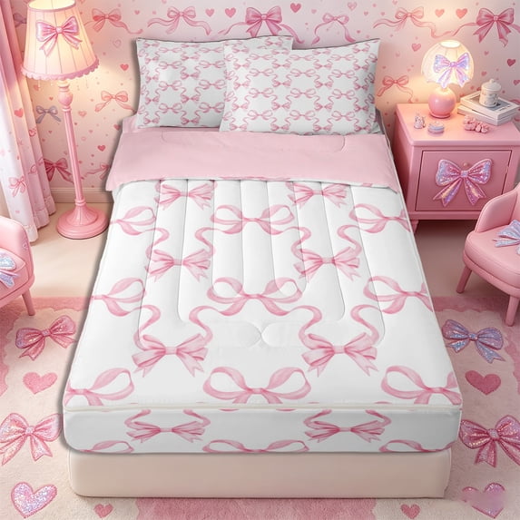 Meiyoeat Minimalist Ribbon Print Zipper Full Size Comforter Sets with Fitted Sheet and 2 Pillowcases, Delicate Bow Pattern Zipper Bedding Set, Pink White,4pcs,Pink Reversible
