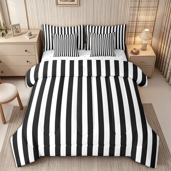 Meiyoeat Minimalist Vertical Stripe Queen Bedding 7pcs, Retro Geometric Line Bedding Comforter Set Queen, Black White,Reversible