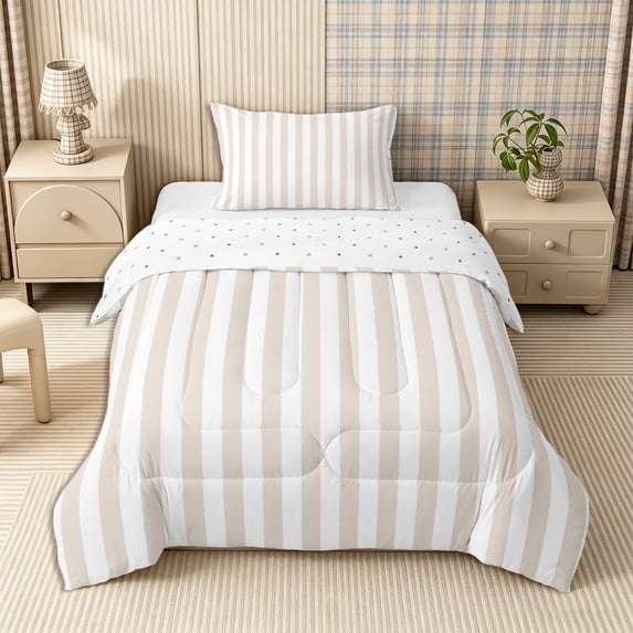 Meiyoeat Modern Pinstripe Twin Comforter Sets 2pcs, Simple Straight Line Bedding Set, Beige White,Reversible,1 Comforter and 1 Pillowcase