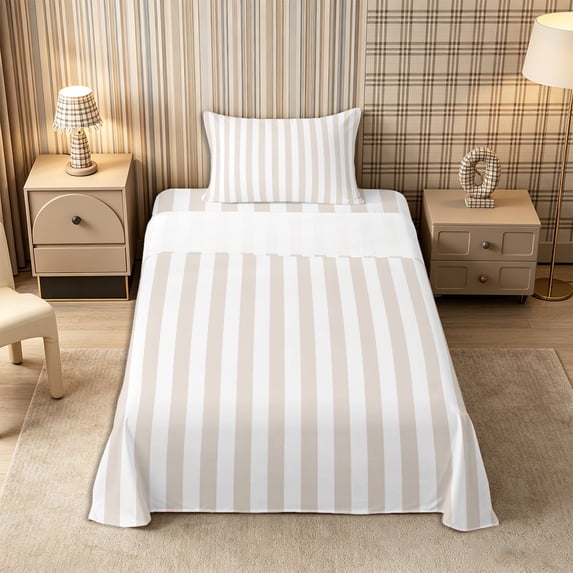 Meiyoeat Modern Pinstripe Twin Sheets 3pcs, Simple Straight Line Bedding, Beige White,1 Fitted Sheet, 1 Flat Sheet and 1 Pillowcase