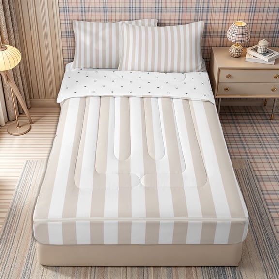 Meiyoeat Modern Pinstripe Zipper Twin Comforter Sets with Fitted Sheet and 2 Pillowcases, Simple Straight Line Zipper Bedding Set, Beige White,Reversible,4-Piece