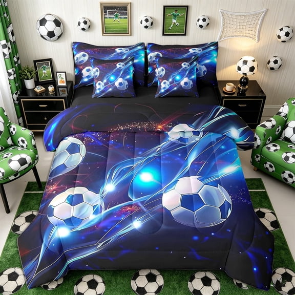Meiyoeat Neon Soccer Ball Pattern Twin Bedding 7-Piece for Sports Fans, Futuristic Light Print Bedding Comforter Set, Blue Black,Black Reversible