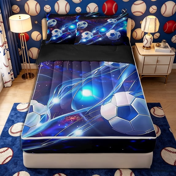 Meiyoeat Neon Soccer Ball Pattern Zipper Twin Comforter Sets with Fitted Sheet and 2 Pillowcases for Sports Fans, Futuristic Light Print Zipper Bedding Set, Blue Black,4-Piece,Black Reversible