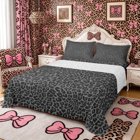 Meiyoeat Neutral Leopard Print King Sheets 4pcs, Monochrome Spot Pattern Bedding, Gray Black
