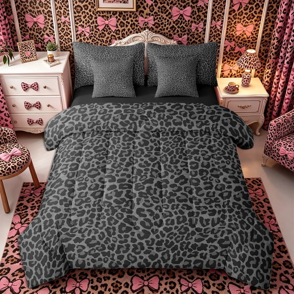 Meiyoeat Neutral Leopard Print Queen Bedding 7pcs, Monochrome Spot Pattern Bedding Comforter Set Queen, Gray Black,Black Reversible