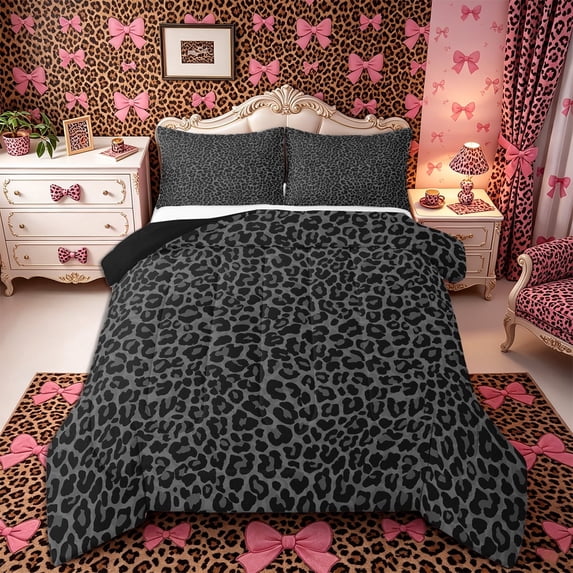 Meiyoeat Neutral Leopard Print Queen Comforter Set 3 Pieces, Monochrome Spot Pattern Comforter Sets Queen, Gray Black,Black Reversible