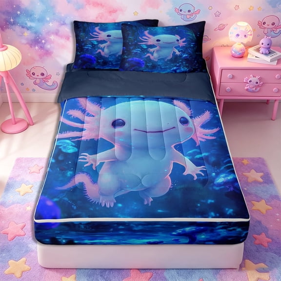 Meiyoeat Ocean Salamander Zipper Twin Comforter Sets with Fitted Sheet and 2 Pillowcases, Cute Underwater World Zipper Bedding Set, Blue Pink,4-Piece,Navy Blue Reversible