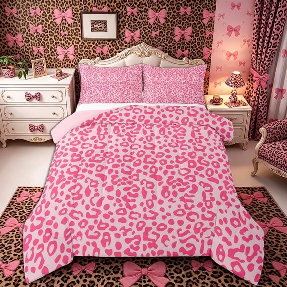 Meiyoeat Pastel Leopard Print Full Size Comforter Sets 3-Piece, Pink Cheetah Print Bedding Comforter Set, Light Pink,Pink Reversible