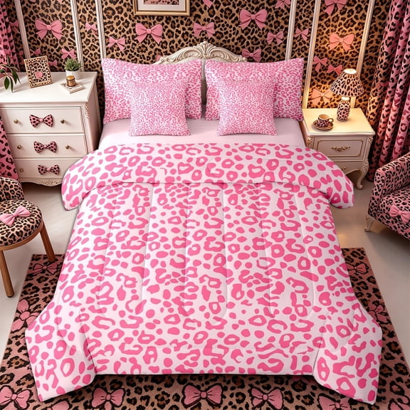 Meiyoeat Pastel Leopard Print Twin Bedding 7-Piece, Pink Cheetah Print Bedding Comforter Set, Light Pink,Pink Reversible