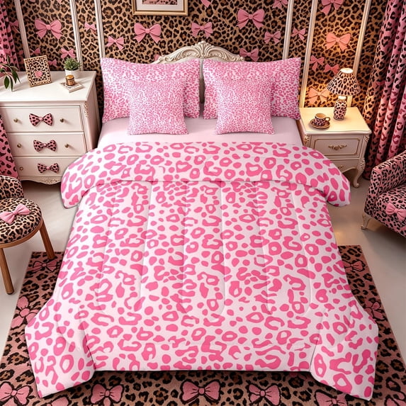 Meiyoeat Pastel Leopard Print Twin Bedding 7-Piece, Pink Cheetah Print Bedding Comforter Set, Light Pink,Pink Reversible
