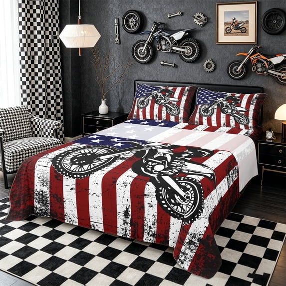Meiyoeat Patriotic Dirt Bike Bed Sheets 4-Piece for Men, USA Flag Print Full Size Sheets, Red White Blue