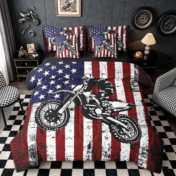 Meiyoeat Patriotic Dirt Bike Full Size Bedding Sets 7 Pieces for Men, USA Flag Print Full Size Bed in a Bag, Red White Blue,Black Reversible